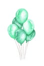 Watercolor air balloons. Hand drawn pack of party green balloons isolated on white background.