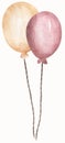 Watercolor air balloons illustration. Hand painted pack of party pink and yellow balloons clipart. Greeting decor