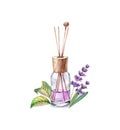 Watercolor Air refresher bottle lavender fragrance. Purple liquid with wooden sticks. Spa and cosmetic products isolated