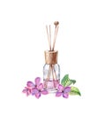 Watercolor Air refresher bottle lilac fragrance. Purple liquid with wooden sticks. Spa and cosmetic products isolated on