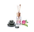 Watercolor Air refresher bottle, stones, rose flowers. Pink liquid with wooden sticks. Spa and cosmetic products