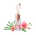 Watercolor Air refresher bottle tropical fragrance. Floral arrangement with peach orchid branch. Pink liquid with wooden