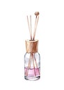 Watercolor Air refresher bottle and wooden sticks. Pink liquid with fragrance. Spa and cosmetic products isolated on