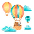 Watercolor air transport with bunny and bear. Air balloon, aerostat