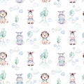 Watercolor airplane kid seamless pattern. Watercolor toy background baby cartoon cute pilot hippopotamus, zebra with hippo, lion