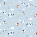 Watercolor airplane kid seamless pattern. Watercolor toy background baby cartoon cute pilot hippopotamus, zebra with hippo, lion