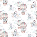 Watercolor airplane kid seamless pattern. Watercolor toy background baby cartoon cute pilot hippopotamus, zebra with hippo, lion