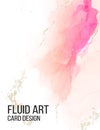 Watercolor alcohol ink card. Liquid pink flow marble art. Trendy gold glitter foil pastel texture. Grunge luxury