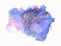 Watercolor alcohol ink colorful liquid drop splash design, artistic background with golden dust. Blue violet color paper Royalty Free Stock Photo