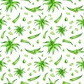 Watercolor aloe vera seamless pattern. Hand drawn fresh succulent plants, aloe juice and oil drops, leaf slices isolated