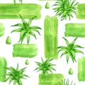 Watercolor aloe vera seamless pattern. Hand painted fresh succulent herbs, aloe juice drops, green brush stains and smears