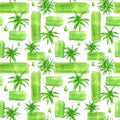 Watercolor aloe vera seamless pattern. Hand painted fresh succulent herbs, aloe juice drops, green brush stains and smears