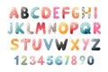 Watercolor alphabet font and number set. Colourful hand drawn cute childish typeface for children book, education
