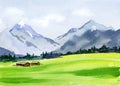 Watercolor alpine landscape, summer field and mountains, blue sky with clouds, hand-drawn sketch, illustration Royalty Free Stock Photo