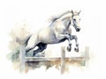 watercolor amazing jumping horse jumping a very high hurdle, equestrian competitions, horse clip art, watercolor style, ai,