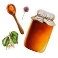 Watercolor amber linden honey jar. Wooden spoon with honey. Linden and clovers. Hand drawn immunity strengthening Royalty Free Stock Photo