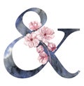 Watercolor Ampersand with Sakura, Cherry Branch