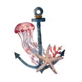 Watercolor Anchor With Jellyfish And Coral. Hand Painted Underwater Illustration With Starfish, Coral Reef Isolated On