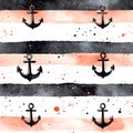 Watercolor Anchor Pattern Nautical Stripes and Splashes A seamless design featuring anchors on painted stripes Royalty Free Stock Photo