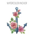 Watercolor anchor with roses and leaves