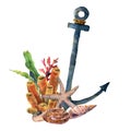 Watercolor anchor with starfish and coral. Hand painted underwater illustration with laminaria branch, coral reef and