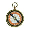 Watercolor ancient brass, orange, blue vintage pocket compass. Nautical hand drawn navigation element illustration