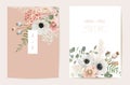 Watercolor anemone, pampas grass, rose floral wedding card. Vector summer flowers invitation