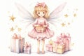 Watercolor Angel. Illustration of magical fairy with wings in yellow dress with gifts, on backdrop of shining stars