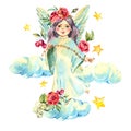 Watercolor angel with red flowers, roses, stars, clouds isolated on white background