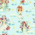Watercolor angel seamless pattern with red flowers, roses, stars, clouds Royalty Free Stock Photo