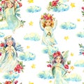 Watercolor angel seamless pattern with red flowers, roses, stars, clouds