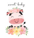 Watercolor animal baby cow sitting with floral bouquet sweet nursery art illustration vector