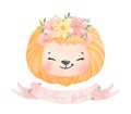 Watercolor animal baby lion wearing floral bouquet crown with pink banner sweet nursery art illustration vector