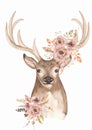 Watercolor animal and beautiful flower bouquet illustration. Deer decorated with florals and feathers clipart. Composition for