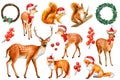 Watercolor animal Christmas deer, fox, squirrel isolated on white background.