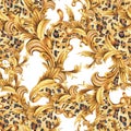 Watercolor animal print with golden baroque seamless pattern, rococo ornament texture