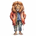 Vintage Watercolor Lion Portrait Illustration With Jacket And Pants