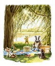 Watercolor animals badger, rat, toad and mole in vintage clothes on a picnic with food on the river bank under a willow