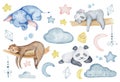 Watercolor animals character collection. Panda, giraffe, koala, elephant