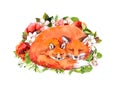 Watercolor animals foxes sleeping in flowers. Mother and child. Illustration for Mothers day