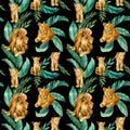Watercolor animals, lion, lioness and lion cubs, seamless pattern for wallpaper or fabric Royalty Free Stock Photo