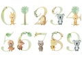 Watercolor animals numbers.