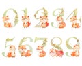 Watercolor animals numbers.