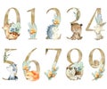 Watercolor animals numbers.