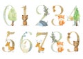 Watercolor animals numbers.