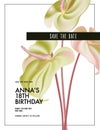 Watercolor Anthurium wedding flower save the date invitation, greeting card. Botanical flower vector bouquet holiday, macro flora