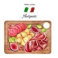 Wooden plank prosciutto, salam, figs and cheese, Watercolor antipasta illustration Royalty Free Stock Photo