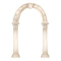 Watercolor antique arch with column corinthian order, Ancient Classic Greek pillar, Roman Columns, Architecture facade