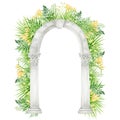 Watercolor antique arch with column corinthian order, Ancient Classic Greek pillar with tropical leaves flowers, Roman Royalty Free Stock Photo