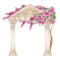 Watercolor antique arch column corinthian order with bright pink flowers, Ancient Classic Greek pillar, Roman Columns Royalty Free Stock Photo